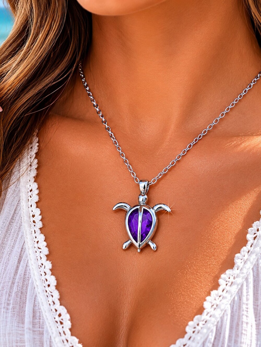Your True Nature Purple Sea Turtle Necklace Silver Tone Ocean Jewelry NIB